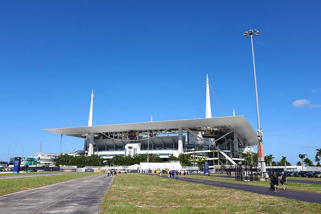 MIAMI GARDENS, FLORIDA - JUNE 14: A general exterior view of Hard Rock Stadium, host venue for the FIFA World Cup 2026 ahead of the FIFA Club World Cup 2025 group A match between Al Ahly SC and Internacional CF Miami at Hard Rock Stadium on June 14, 2025 in Miami Gardens, Florida. (Photo by Robbie Jay Barratt - AMA/Getty Images)