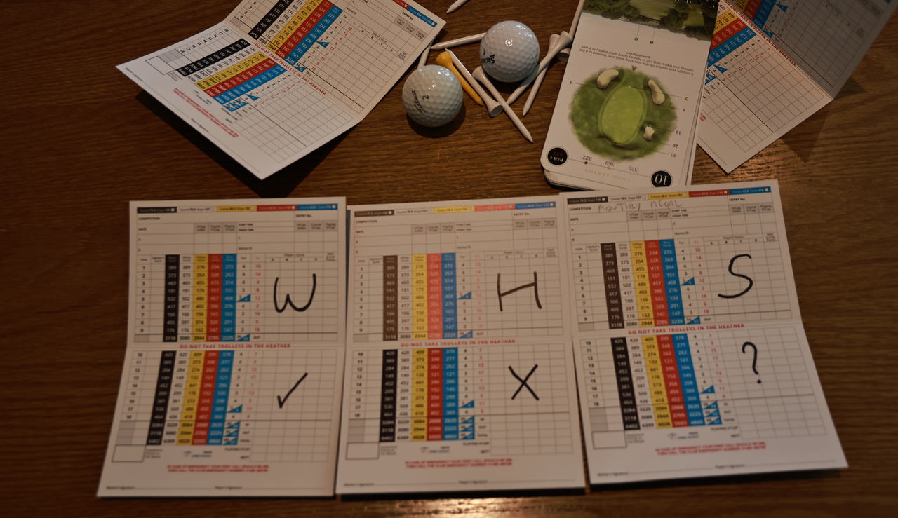 Three scorecards with WHS on them