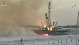 A Russian Soyuz rocket launches the Progress 80 cargo spacecraft toward the International Space Station from Baikonur Cosmodrome in Kazakhstan on Feb. 14, 2022.