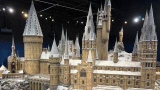 The Hogwarts model covered in snow at the end of the Harry Potter Studio Tour