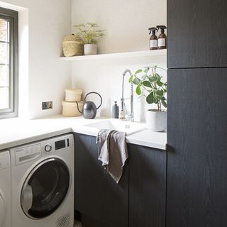 White utility room with sleek black cabinetry