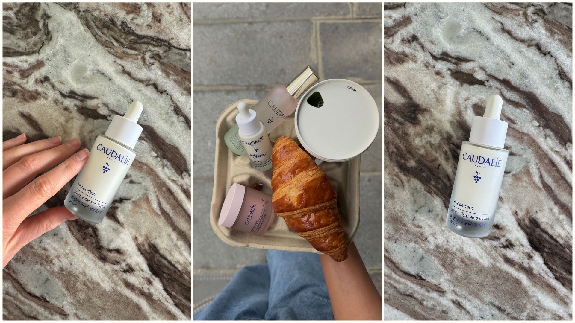 A collage featuring Caudalie Vinoperfect Serum