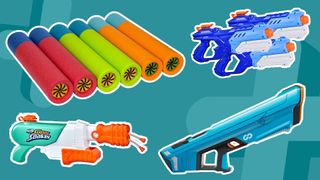 A variety of water guns against a blue background with crosses