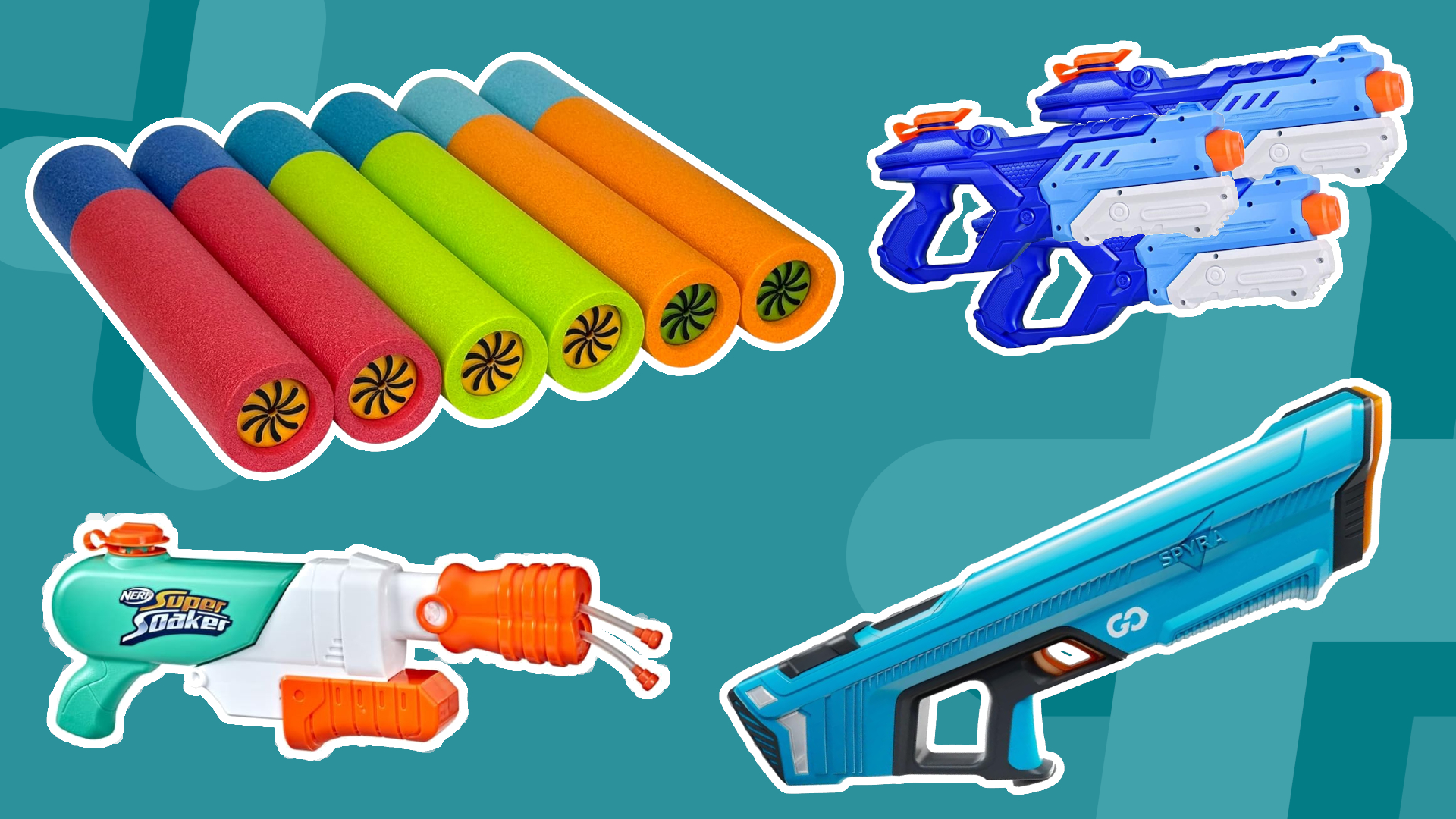 A variety of water guns against a blue background with crosses