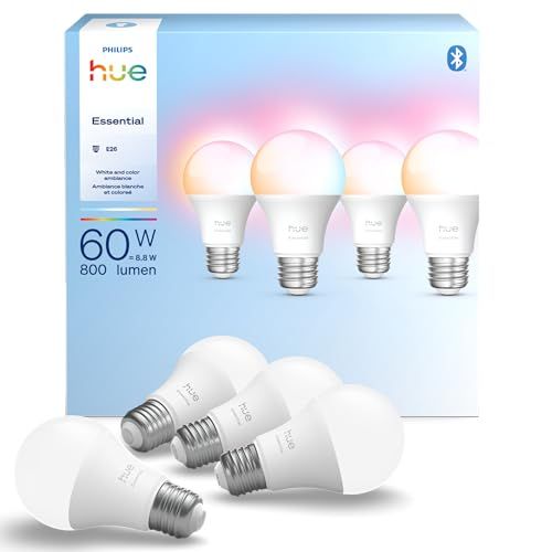 Philips Hue Essential Smart Led A19 Bulb, White and Color Ambiance, E26 Base, 8.8w, 2200k-6500k, 800 Lumens, Dimmable, Works With Alexa, Google, and Apple Home, 4-Pack