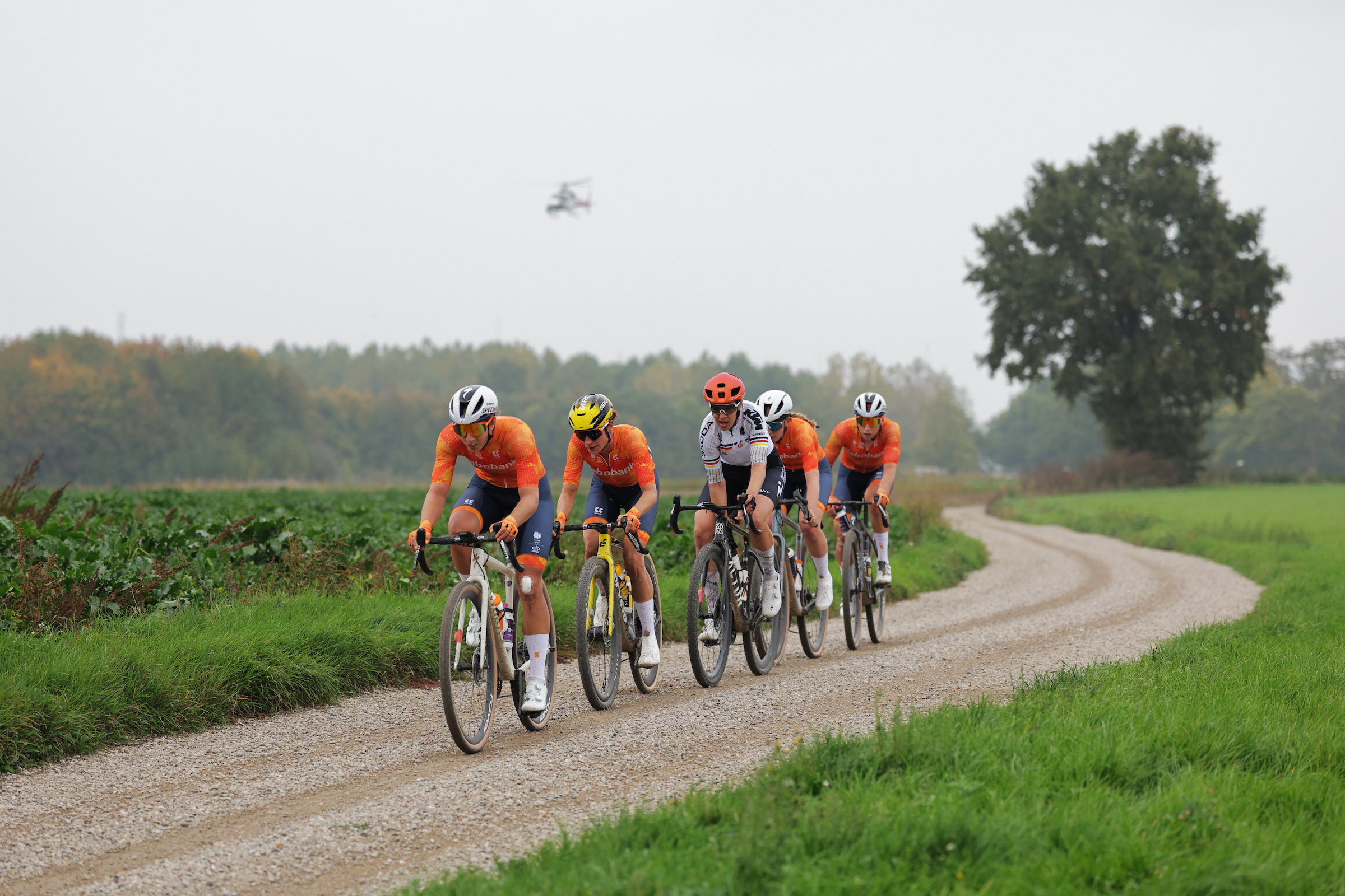 Picture by Alex Whitehead/SWpix.com - 11/10/2025 - Cycling - 2025 UCI Gravel World Championships, Zuid-Limburg, Netherlands - Women Elite Race - Lorena Wiebes (Netherlands), Marianne Vos (Netherlands), Romy Kasper (Germany)
