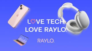 A banner image with a blue background featuring an iphone, a pair of headphones and a laptop with the words Love Tech, Love Raylo in the center