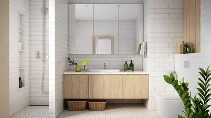 Small white bathroom with wooden cabinets