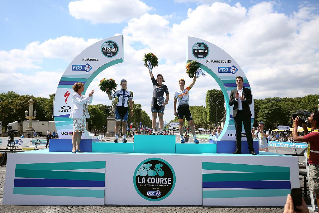 Cycling: 103th Tour de France 2016 / Women Race
Podium / Lotta EPISTO (FIN)/ Chloe HOSKING (AUS) / Marianne VOS (NED)/ Celebration /
Paris Champs-Elysees - Paris Champs-Elysees (89Km)/
Le Course by Le Tour / TDF / Â© Tim De Waele
