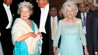 Queen Mother and Queen Camilla both wearing the same tiara