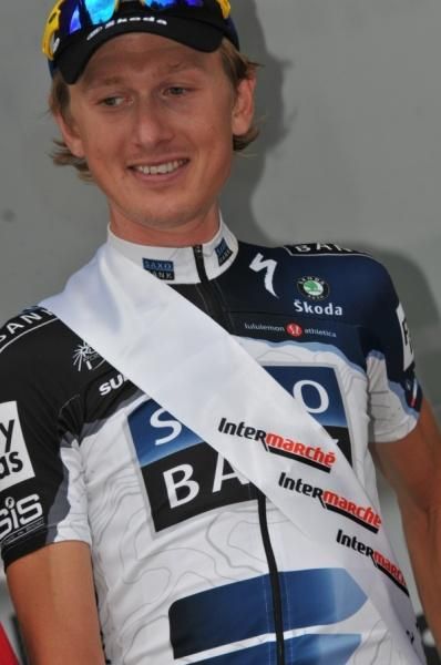 Gustav Larsson (Saxo Bank) on the podium after winning the stage two time trial.