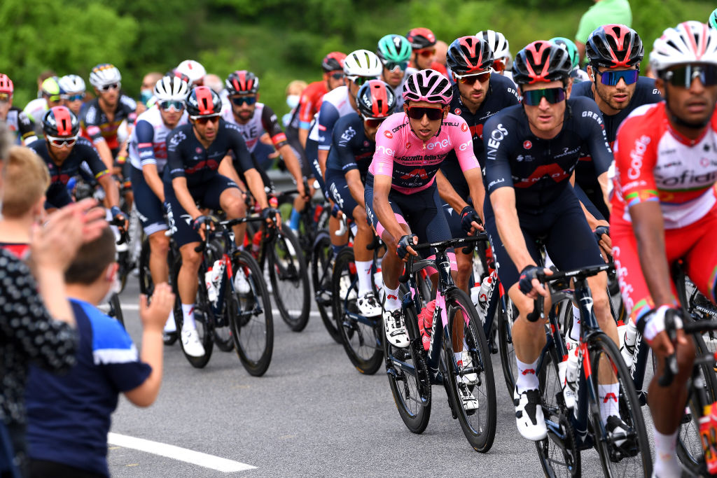 FOLIGNO ITALY MAY 17 Egan Arley Bernal Gomez of Colombia and Team INEOS Grenadiers Pink Leader Jersey Gianni Moscon of Italy and Team INEOS Grenadiers during the 104th Giro dItalia 2021 Stage 10 a 139km stage from LAquila to Foligno girodiitalia Giro on May 17 2021 in Foligno Italy Photo by Tim de WaeleGetty Images