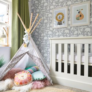 kids room with toy cushion and cloth tent