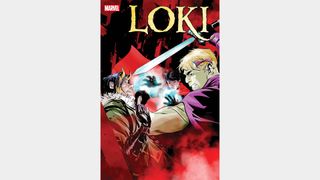 Loki has a sword pointed at him.