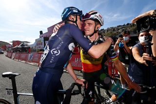 LARRABELAGUA SPAIN SEPTEMBER 09 LR Romain Bardet of France and Team DSM Firmenich and stage winner Remco Evenepoel of Belgium and Team Soudal Quick Step react after the 78th Tour of Spain 2023 Stage 14 a 1562km stage from SauveterredeBarn to LarraBelagua 1588m UCIWT on September 09 2023 in LarraBelagua Spain Photo by Tim de WaeleGetty Images