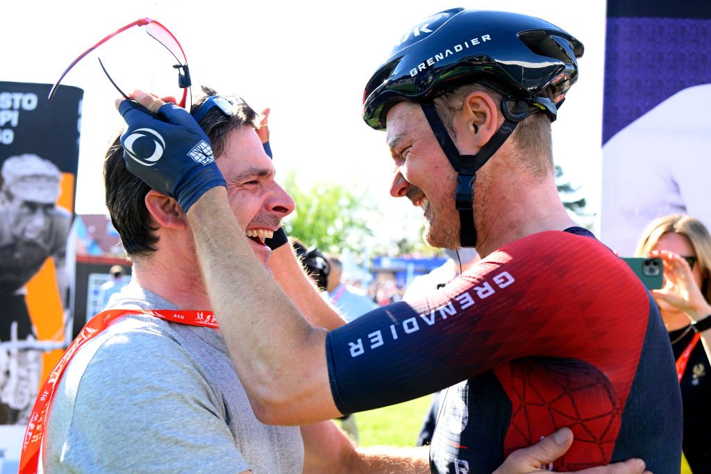ROUBAIX FRANCE APRIL 17 Dylan Van Baarle of Netherlands and Team INEOS Grenadiers celebrates winning with his team staff in the Roubaix Velodrome Vlodrome Andr Ptrieux during the 119th ParisRoubaix 2022 Mens Elite a 2572km one day race from Compigne to Roubaix ParisRoubaix WorldTour on April 17 2022 in Roubaix France Photo by Bernard Papon PoolGetty Images