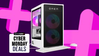 HP Omen 35L on a pink background next to a Cyber Monday deals stamp