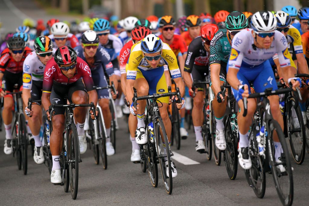 WAVRE BELGIUM AUGUST 17 Sam Bennett of Ireland and Team Deceuninck QuickStep Jhonnatan Narvaez Prado of Ecuador and Team INEOS Edward Planckaert of Belgium and Team Sport Vlaanderen Baloise Peloton during the 41st Tour de Wallonie 2020 Stage 2 a 1723km stage from Frasnes Lez Anvaing to Wavre TourdeWallonie TRW2020 on August 17 2020 in Wavre Belgium Photo by Luc ClaessenGetty Images
