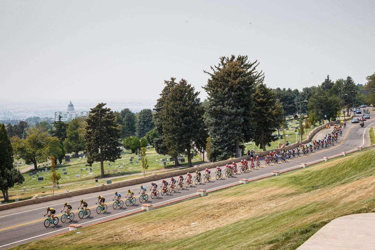 The peloton is lined out during stage 4 at the Tour of Utah