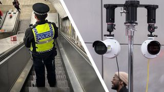 A British Transport Police offer at a station next to live facial recognition cameras