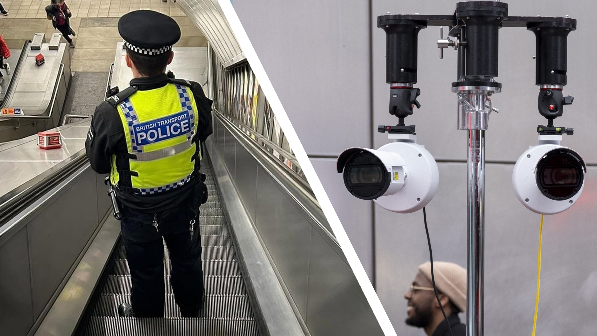 A British Transport Police offer at a station next to live facial recognition cameras