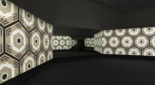 Gallery, New York, video installation with three channels of video (colour, sound), three projections, freestanding room, PVC projection screens, mirrors