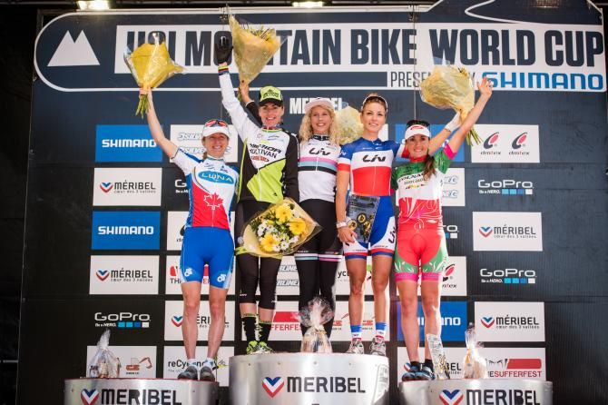 Elite women's podium at the Meribel World Cup