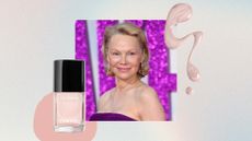 Pamela Anderson is pictured wearing a dark purple dress and with a swept-back bob hairstyle at "The Naked Gun" UK Premiere at Cineworld Leicester Square on July 22, 2025 in London, England, alongside a product shot of the Chanel Le Vernis nail colour in Ballerina and featured on a blue and pink gradient template with a pink nail polish spill.