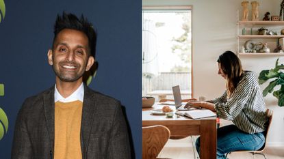 Dr Amir Khan next to woman sitting at desk typing on laptop to represent useful movement snacks to do during the day