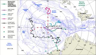 Map showing the location of the North Pole and the location of the buoys with the webcams.