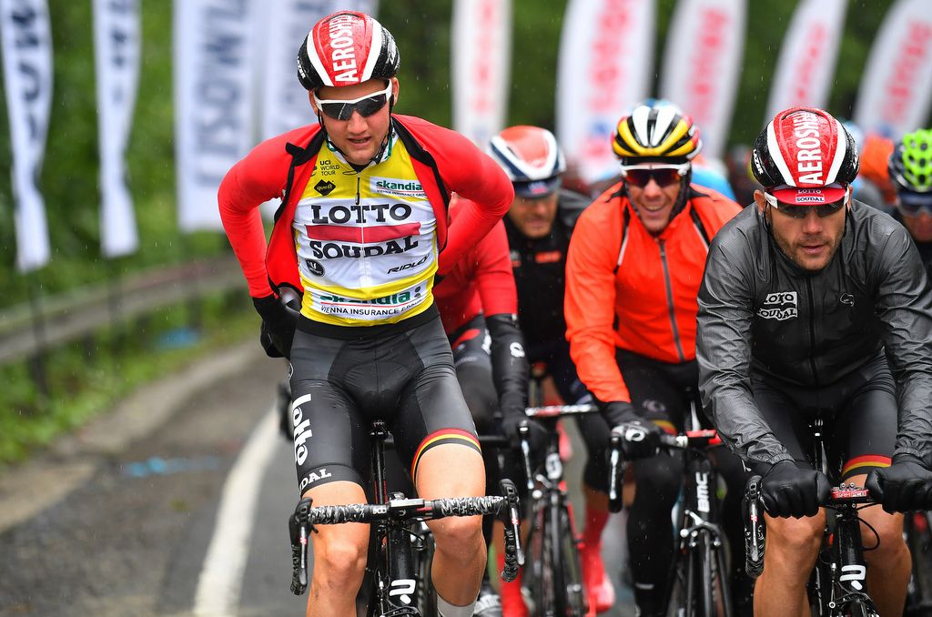 A brief glimpse of the yellow jersey before Tim Wellens wrapped himself in layers again