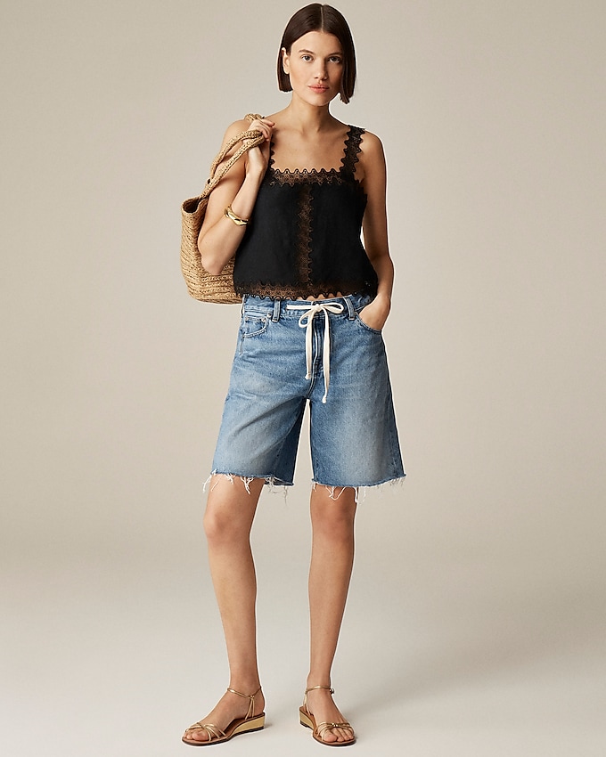 Lace-Trim Squareneck Tank Top in Linen