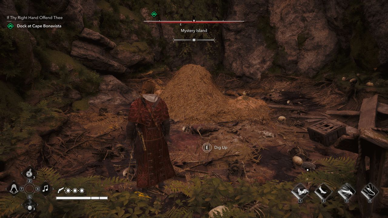 Black Flag treasure maps: Edward standing next to a hay bale in a pit of bones.