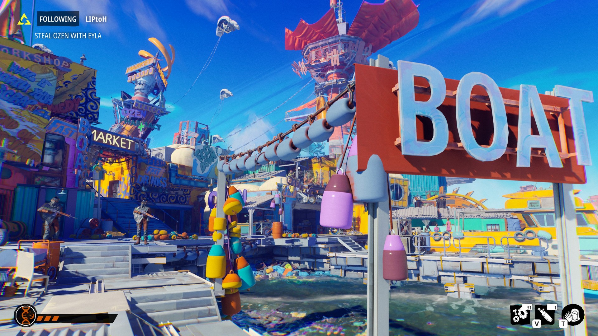 The colorful entrance to the plasticky town of Marketland in Tides of Tomorrow