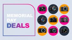 Assorted camera models on light blue background with Memorial Day deals text overlay