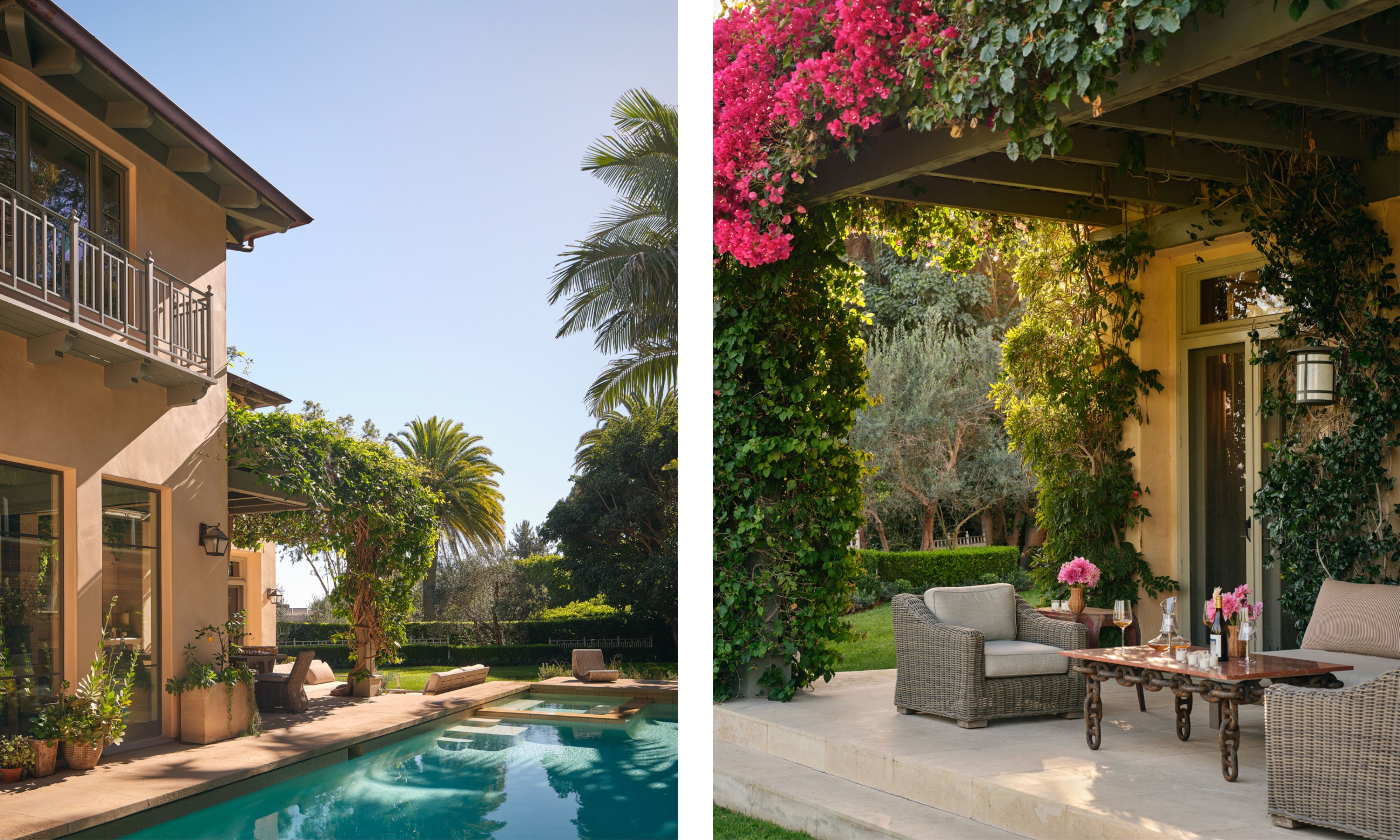 two side by side images of an LA home with large swimming pool and impressive pergola covered patio seating area