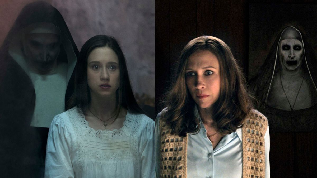 Taissa Farmiga and Vera Farmiga with the Nun behind them in Conjuring Universe movies