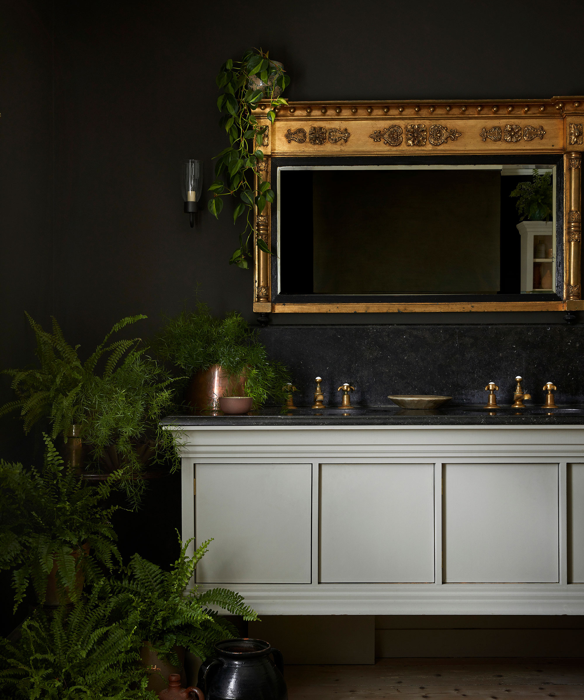 small bathroom with dark brown walls and ferns with pale grey vanity unit