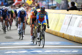 Biniam Girmay of Eritrea rides to a silver medal in U23 road race at the 2021 UCI Road World Championships