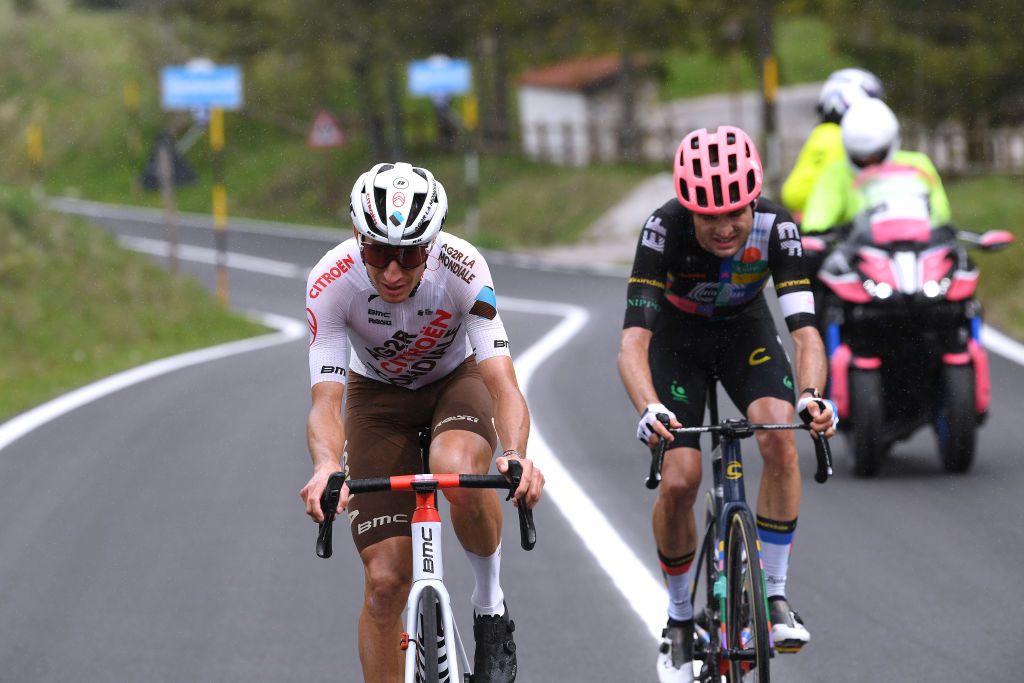 CAMPO FELICE ROCCA DI CAMBIO ITALY MAY 16 Geoffrey Bouchard of France and AG2R Citren Team Simon Carr of United Kingdom and Team EF Education Nippo attack in the Breakaway during the 104th Giro dItalia 2021 Stage 9 a 158km stage from Castel di Sangro to Campo Felice Rocca di Cambio 1665m girodiitalia Giro UCIworldtour on May 16 2021 in Campo Felice Rocca di Cambio Italy Photo by Tim de WaeleGetty Images