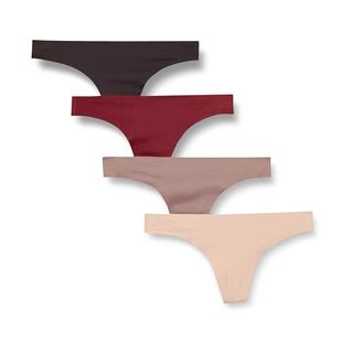 Amazon Essentials Nahtlose, gebundene Stretch-Tanga-Unterwäsche für Damen, 4er-Pack, Beige/Braun/Burgund/Taupe, Größe S