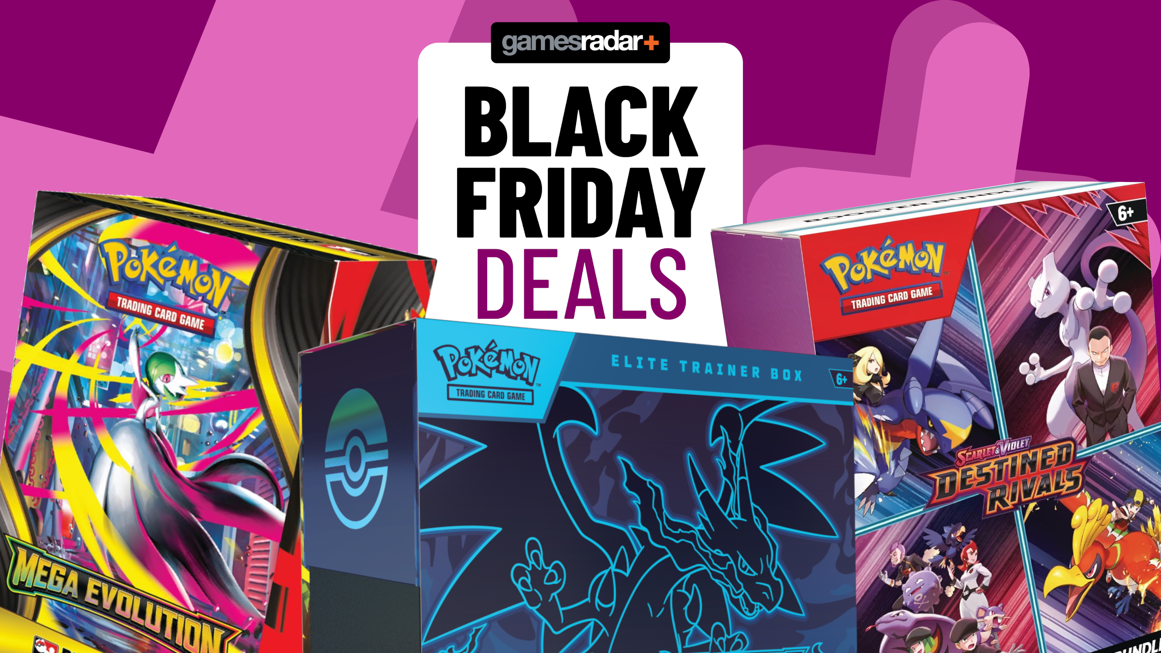 Mega Evolution, Phantasmal Flames, and Destined Rivals box sets against a purple background with a GamesRadar+ 'Black Friday deals' badge