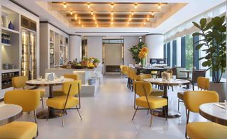Dining area with yellow chairs