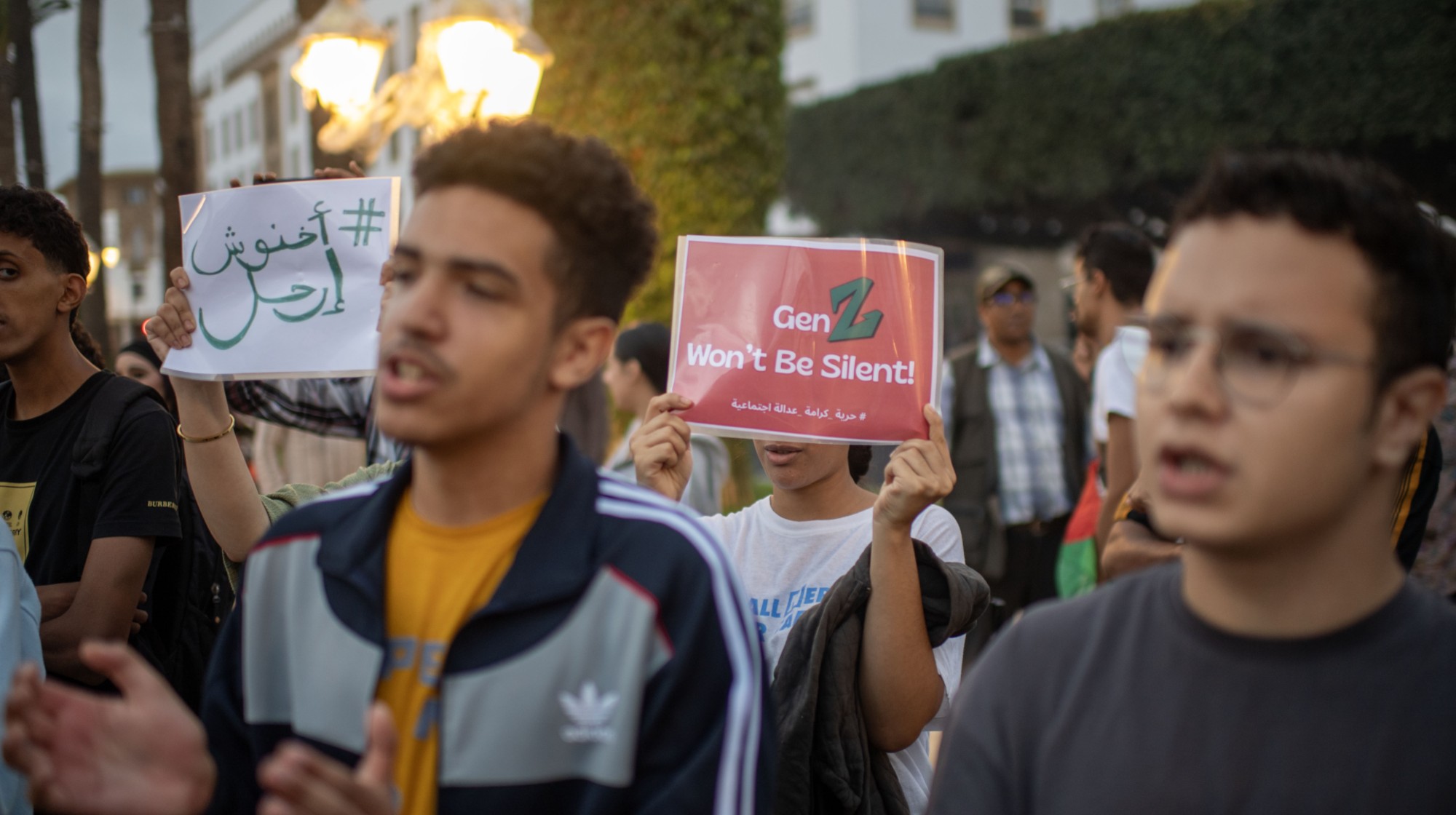 Young protesters continue demonstrations for the eighth consecutive day, gathering in front of the Parliament building to demand better living conditions, reforms in health and education services, and stronger anti-corruption measures on October 4, 2025, in Rabat, Morocco. 