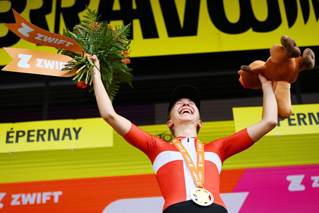 EPERNAY FRANCE JULY 26 Cecilie Uttrup Ludwig of Denmark and Team Fdj Nouvelle Aquitaine Futuroscope celebrates winning the stage on the podium ceremony after the 1st Tour de France Femmes 2022 Stage 3 a 1336km stage from Reims to pernay TDFF UCIWWT on July 26 2022 in Epernay France Photo by Tim de WaeleGetty Images