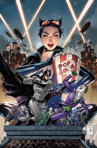 Catwoman feasts on pop corn as she watches Batman fight the Joker