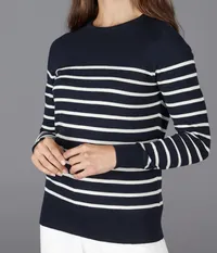 WOMENS ULTRA-FINE COTTON BRETON CREW NECK JUMPER in Navy, $78 (£61) | Paul James