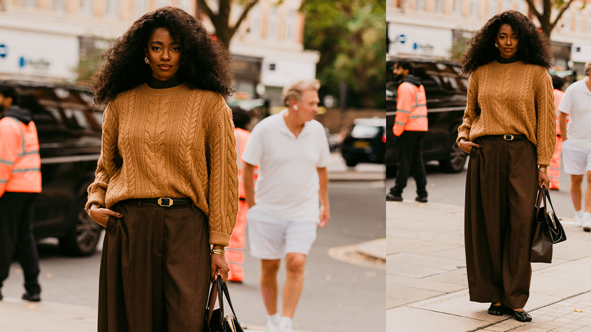 Woman wears caramel sweater, brown trousers, and Tabi flats while carrying a handbag and shopping bag. 