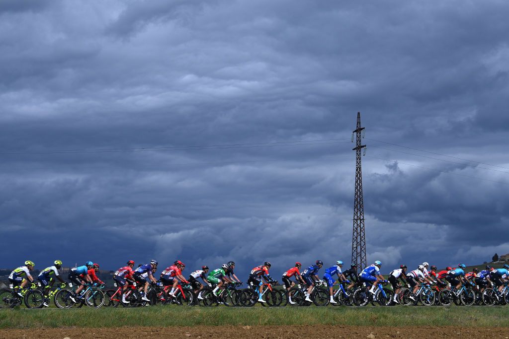 FOLIGNO ITALY MARCH 08 A general view of the peloton competing during the 58th TirrenoAdriatico 2023 Stage 3 a 216km stage from Follonica to Foligno 231m UCIWT TirrenoAdriatico on March 08 2023 in Foligno Italy Photo by Tim de WaeleGetty Images