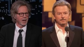 From left to right: A screenshot of Dana Carvey on Jimmy Kimmel Live and a screen shot of David Spade during a Comedy Central roast. 